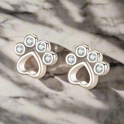 Paw Stud Earrings Silver With Zirconia