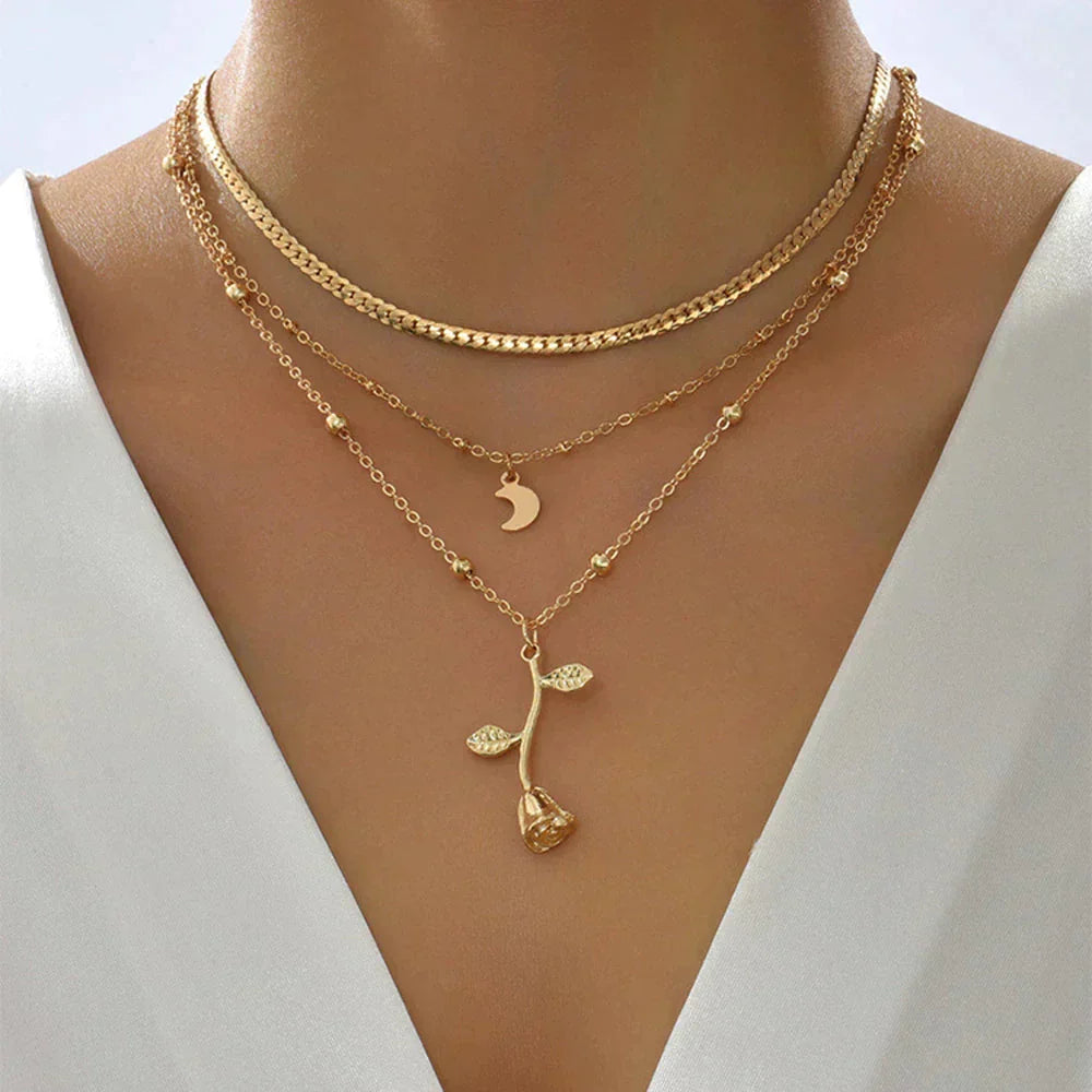 Gold Rose and Moon Pendant Necklace