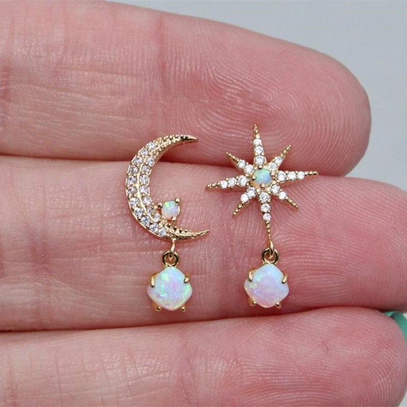 Opal and Gold Moon & Star Earrings