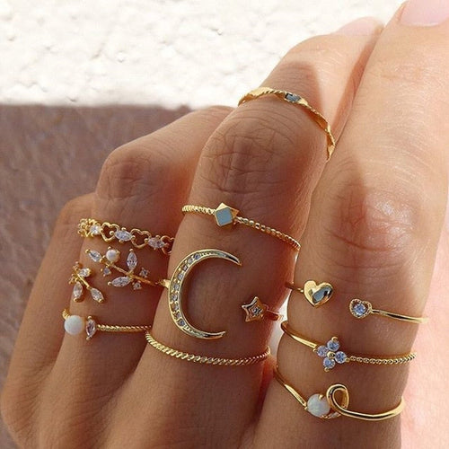 Set of 10 Boho Chic Silver & Gold Rings