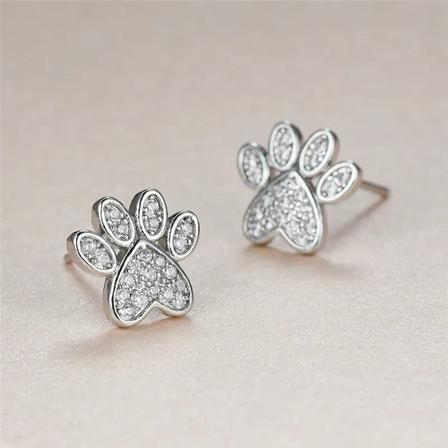 White Zirconia Paw Heart-Shaped Earrings