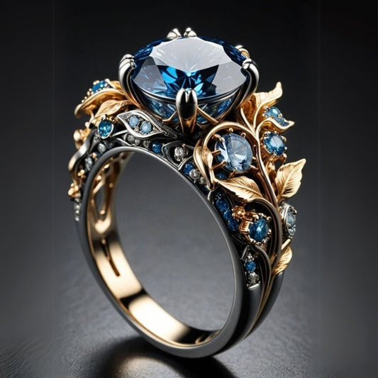 Exotic Blue Crystal Golden Leaf Ring