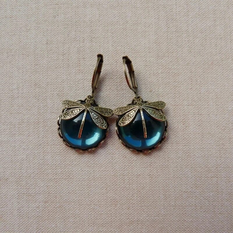 Unique Antique Gold Blue Crystal Earrings