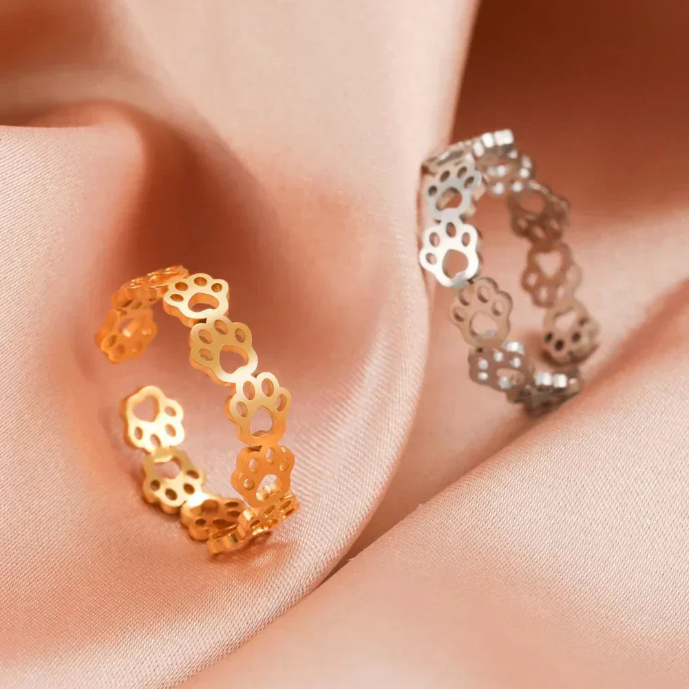 Adjustable Paw Print Ring Stainless Steel