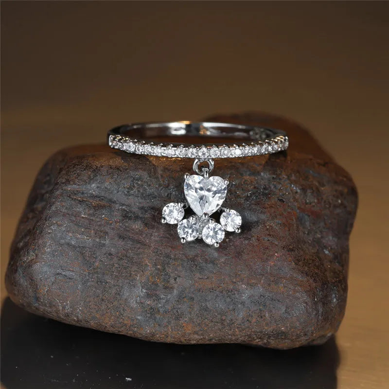 Vintage Cat Paw & Heart Stone Ring