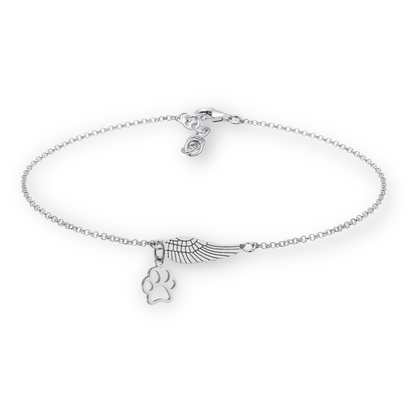 Silver Memorial Bracelet with Angel Wing & Paw Print