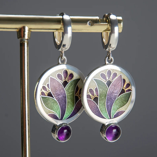 Exclusive Silver Boho Earrings with Purple Crystals