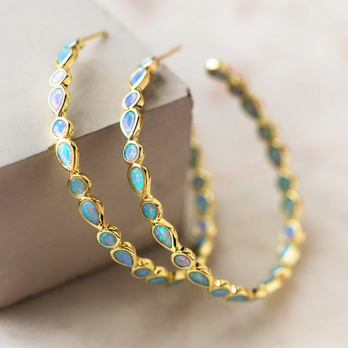 Vintage Opal Gold Hoop Earrings