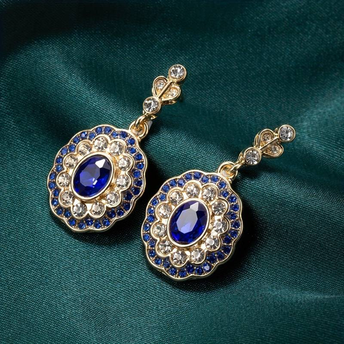 Vintage Gold Blue Crystal Mandala Earrings