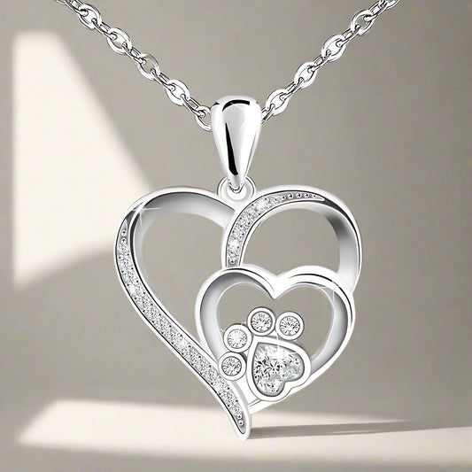 Sterling Silver Paw & Heart Necklace with Zirconia