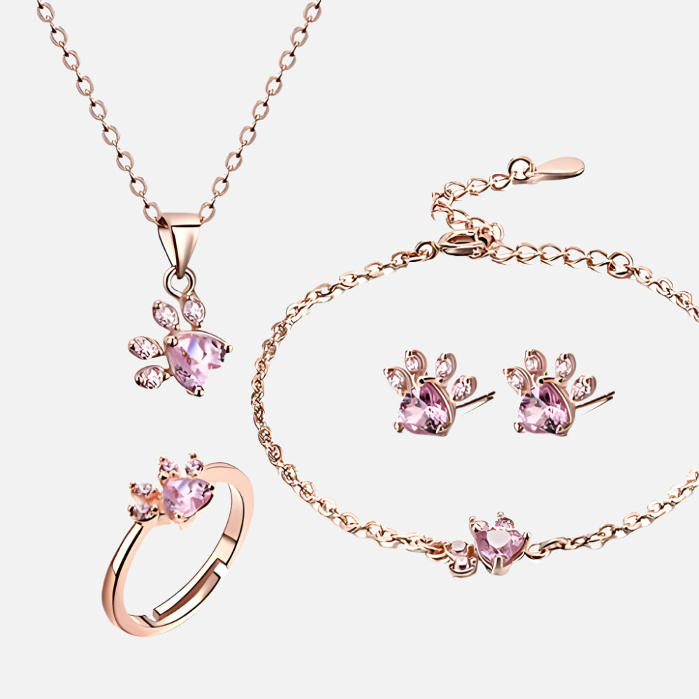 Rose Gold Paw Jewelry Set 4 Pieces with Zirconia Heart